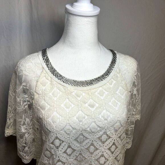 Miss Me White Lace Floral Boho Beaded Crochet Top T Shirt Womens Designer NWOT - Picture 8 of 8